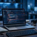 Developer workspace with laptop showing database error log, notebook and coffee on desk