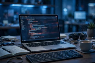 Developer workspace with laptop showing database error log, notebook and coffee on desk