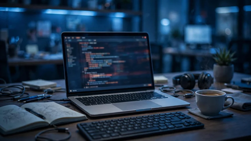 Developer workspace with laptop showing database error log, notebook and coffee on desk
