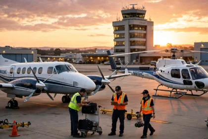 Charter airplane and helicopter parked on an airport tarmac at sunset.