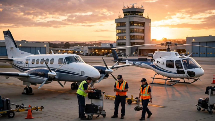 Charter airplane and helicopter parked on an airport tarmac at sunset.