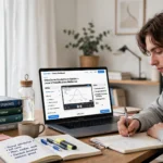 Student studying with a laptop showing an online course, notebooks and textbooks.