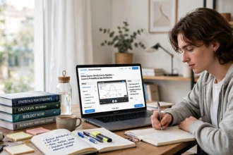 Student studying with a laptop showing an online course, notebooks and textbooks.