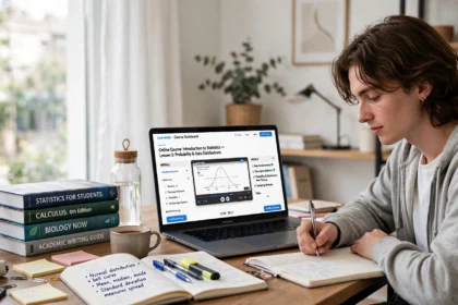 Student studying with a laptop showing an online course, notebooks and textbooks.