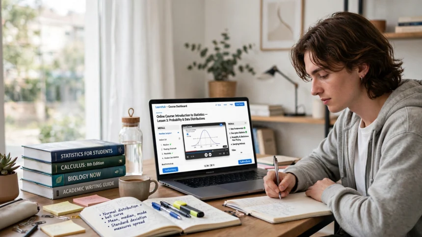 Student studying with a laptop showing an online course, notebooks and textbooks.