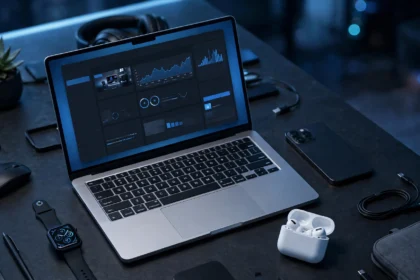 Desk with laptop showing tech website, smartphone and smartwatch.
