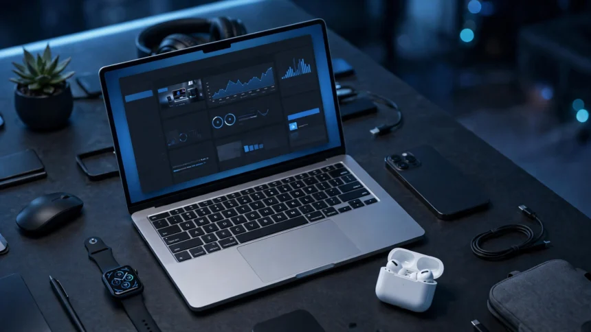 Desk with laptop showing tech website, smartphone and smartwatch.