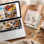 Laptop showing an online magazine with greeting cards and coffee on a desk.