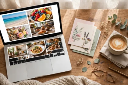 Laptop showing an online magazine with greeting cards and coffee on a desk.
