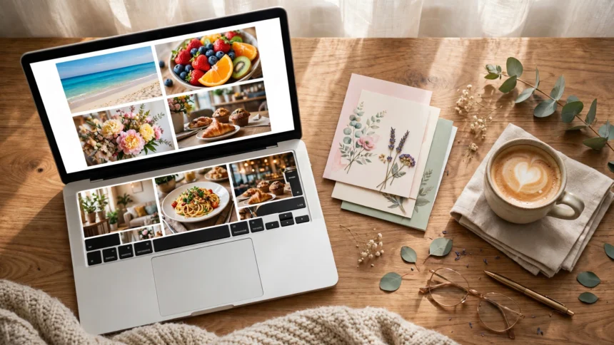 Laptop showing an online magazine with greeting cards and coffee on a desk.