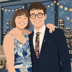 Illustrated portrait of a smiling couple celebrating together with city lights behind them