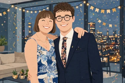 Illustrated portrait of a smiling couple celebrating together with city lights behind them