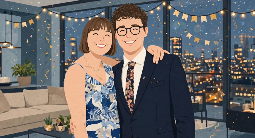 Illustrated portrait of a smiling couple celebrating together with city lights behind them