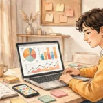 Young professional working on digital marketing at a desk with a laptop