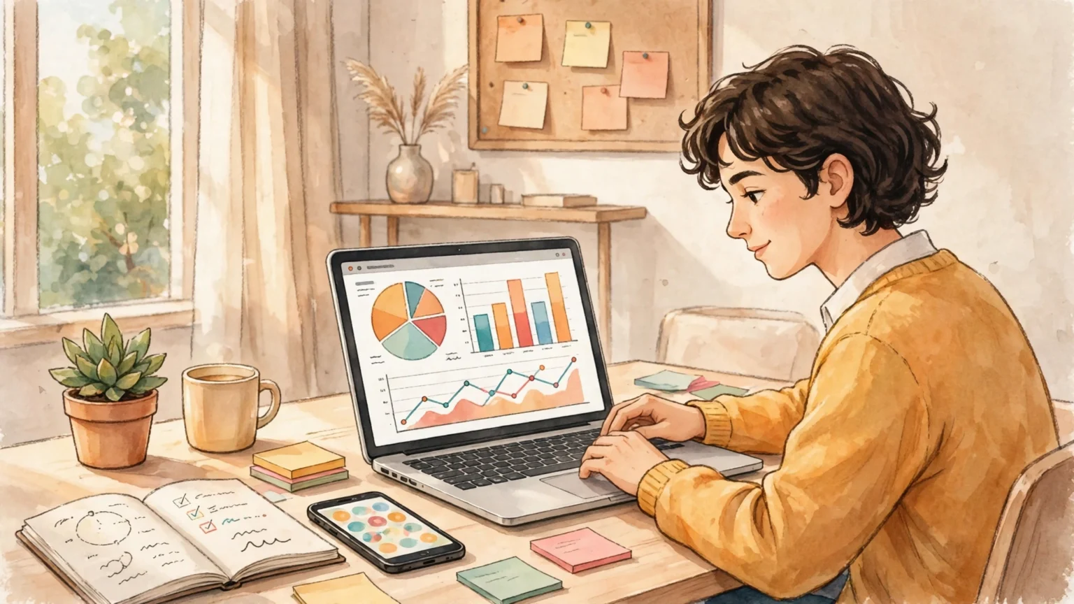 Young professional working on digital marketing at a desk with a laptop