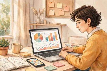 Young professional working on digital marketing at a desk with a laptop