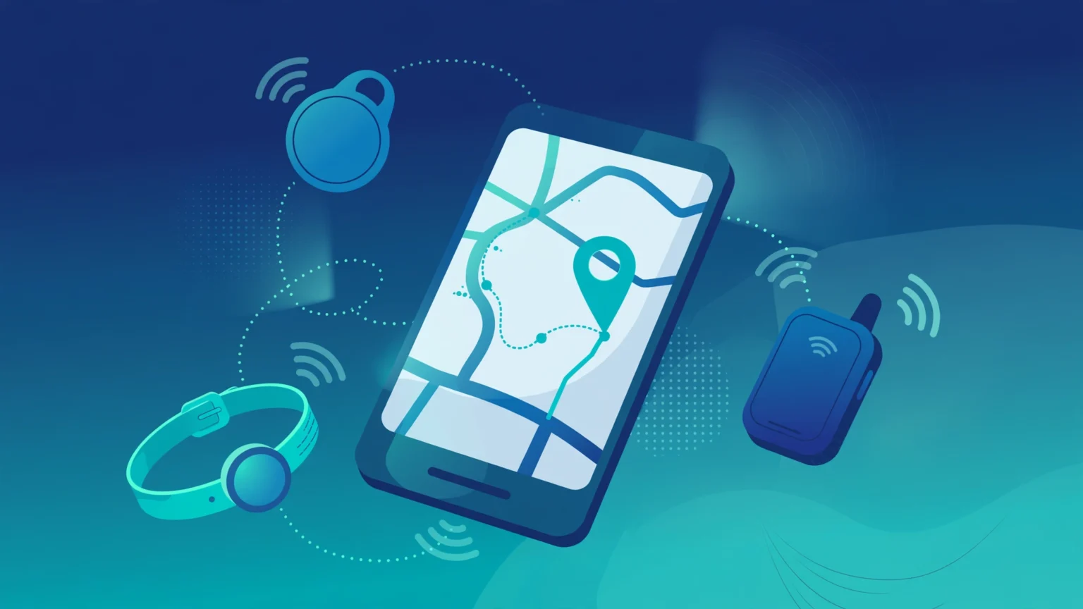 Illustration of GPS and Bluetooth tracking devices around a smartphone showing a map
