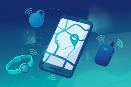 Illustration of GPS and Bluetooth tracking devices around a smartphone showing a map