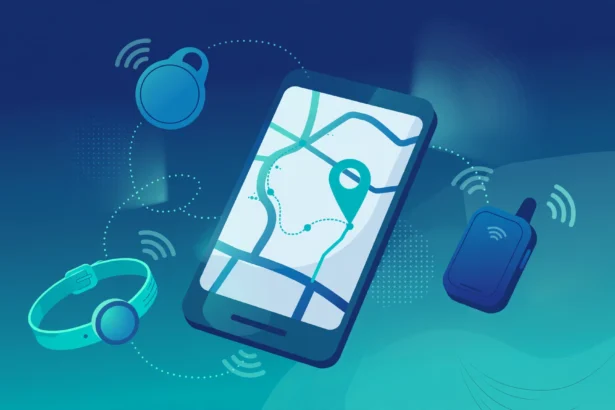 Illustration of GPS and Bluetooth tracking devices around a smartphone showing a map