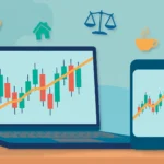 Phone and laptop showing a generic crypto chart beside everyday blog topics