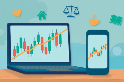 Phone and laptop showing a generic crypto chart beside everyday blog topics
