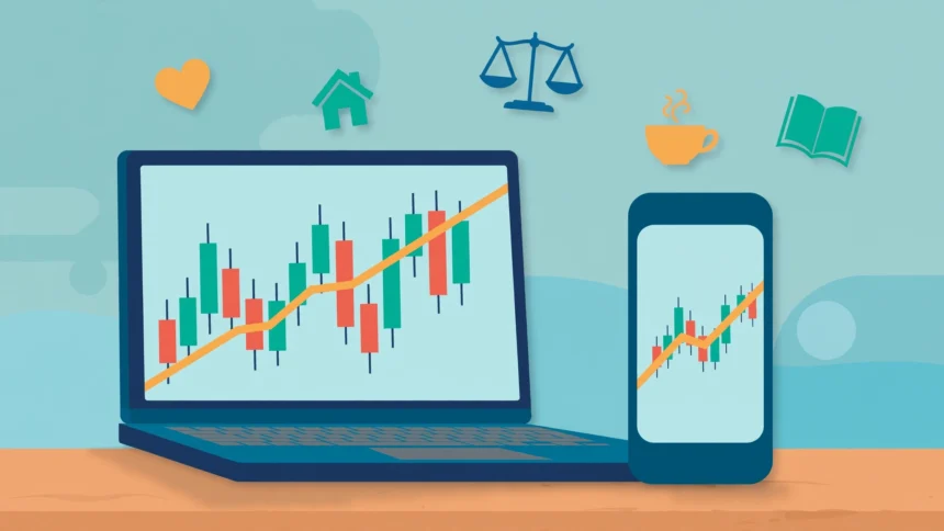Phone and laptop showing a generic crypto chart beside everyday blog topics