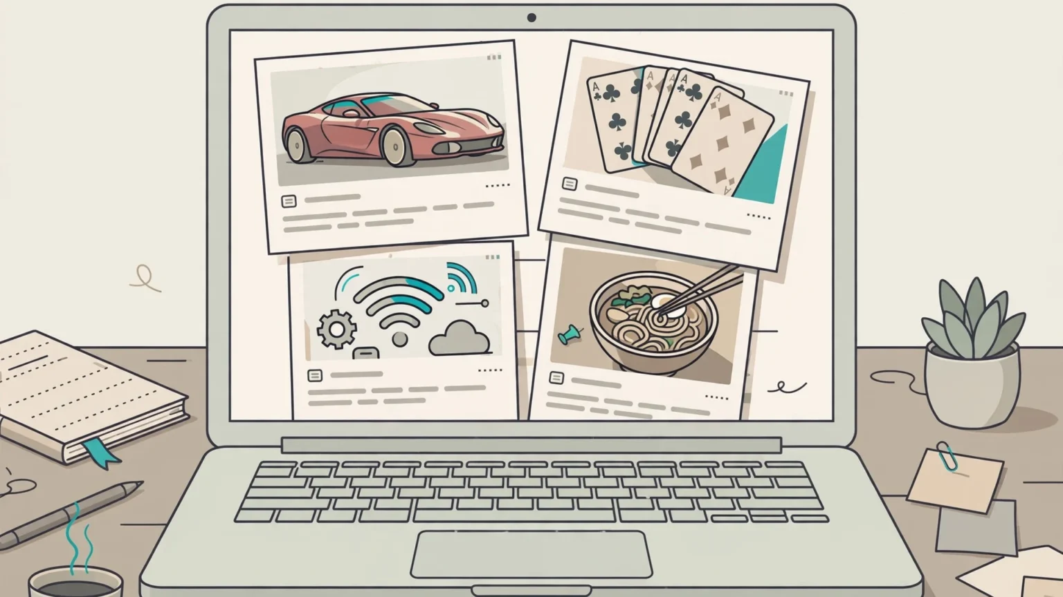 Laptop showing a mixed-topic blog homepage