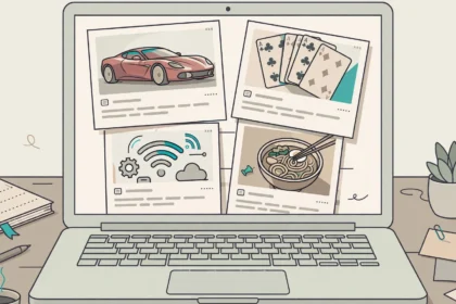 Laptop showing a mixed-topic blog homepage