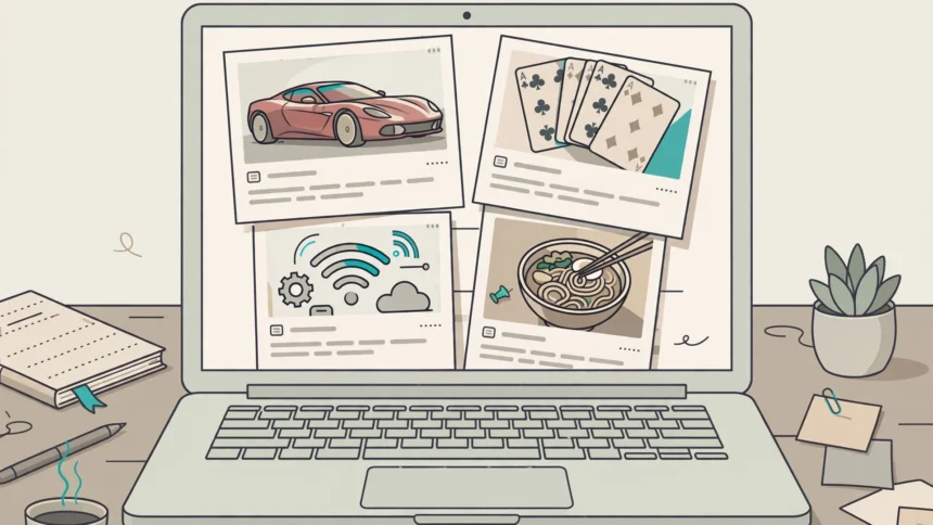 Laptop showing a mixed-topic blog homepage