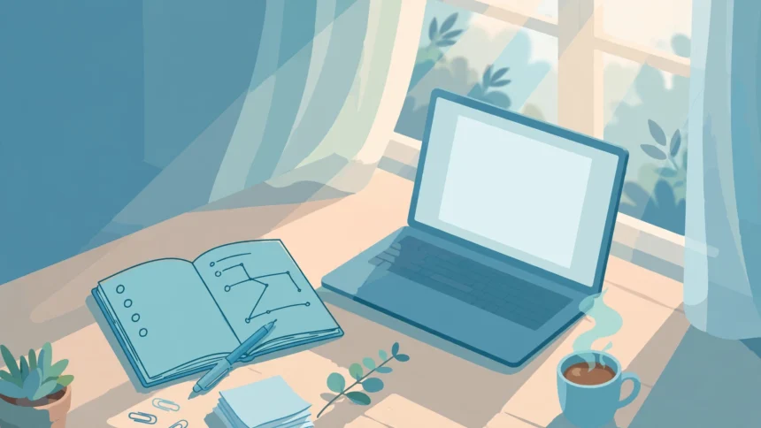 Writer's desk with a laptop showing a guest post draft